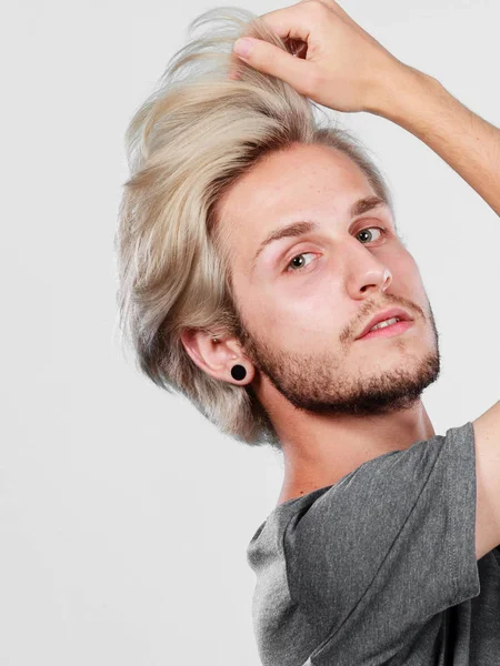 Hairstyle Haircare Concept Blonde Handsome Guy Wearing Grey Shirt Touching — Stock Photo, Image