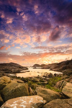 Lindesnes, Güney Cape, Vest-Agder, Norveç en Güney noktası Norveç İskandinav buzlu üzerinde şaşırtıcı görünümü günbatımı