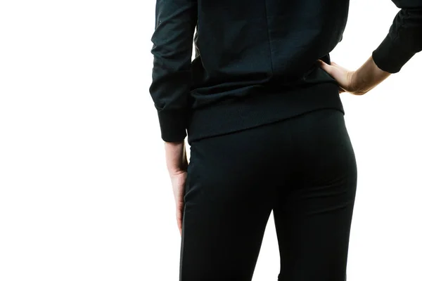 Vista Posteriore Della Donna Vestita Nero Camicetta Scura Pantaloni Skinny — Foto Stock