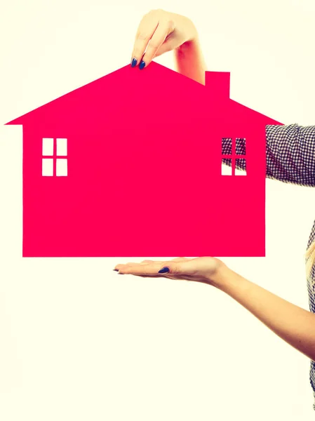 Ownership Property Concept Woman Hand Holding Red Paper House Moving — Stock Photo, Image