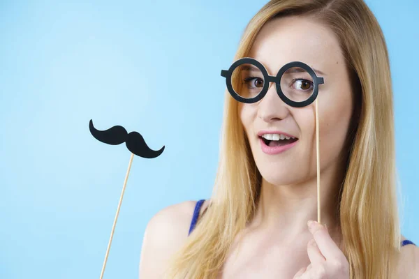 Woman Holding Carnival Accessories Eyeglasses Moustache Stick Having Fun Studio — Stock Photo, Image