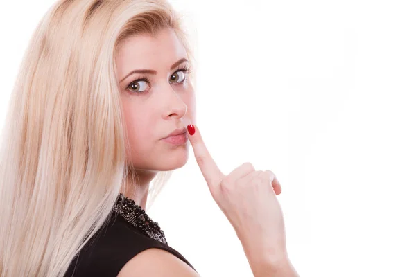 Gesti Segni Concetto Attraente Donna Bionda Che Gesto Silenzio Con — Foto Stock