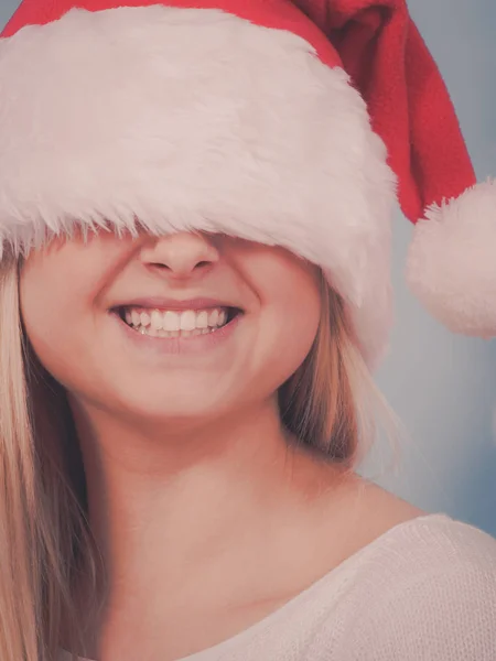 Christmas Fun Joy Concept Woman Wearing Santa Hat Covers Her — Stock Photo, Image