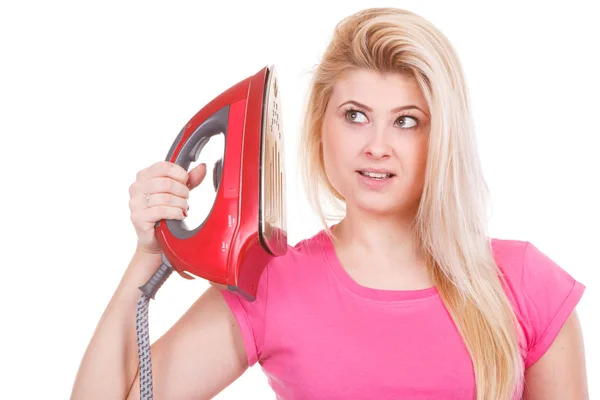 Huishoudelijke Plichten Het Verzorgen Van Kleren Concept Gelukkige Vrouw Met — Stockfoto