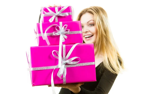 Happy Positivie Young Teenage Woman Holding Big Pile Pink Gift — Stock Photo, Image