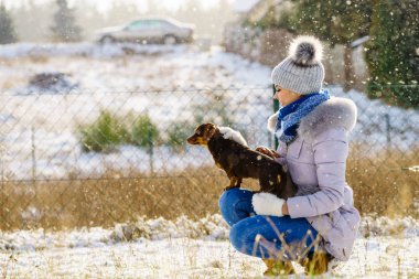Genç kadın kış aylarında eğleniyor. Kar yağıyor küçük purebreed daksund köpek köpeği ile oynarken erkek