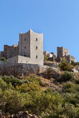 Yunanistan Mani Yarımadası. Geleneksel stil taş kule. Laconia Moreloponnese, Avrupa