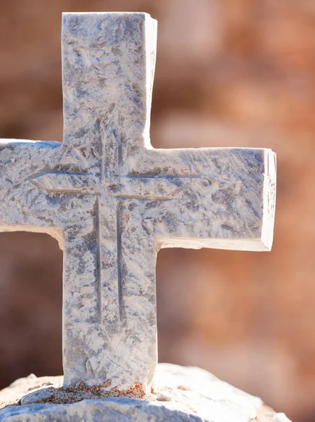 Greek stone cross on burial ground, architecture detail, Vathia Mani Greece