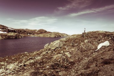 Turizm tatili ve seyahat. Norveç, İskandinavya 'da manzaranın tadını çıkaran dişi turist. Ulusal turizm rotası Aurlandsfellet