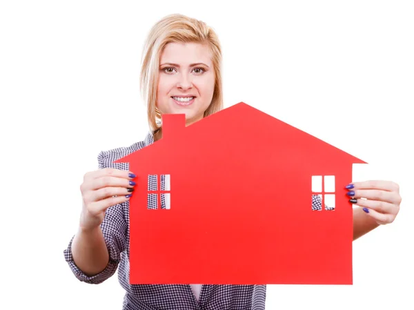 Ownership Property Concept Happy Woman Holding Red Paper House Moving — Stock Photo, Image