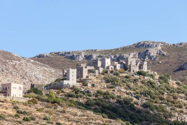 Yunanistan Mani Yarımadası. Geleneksel stil taş kule. Laconia Moreloponnese, Avrupa