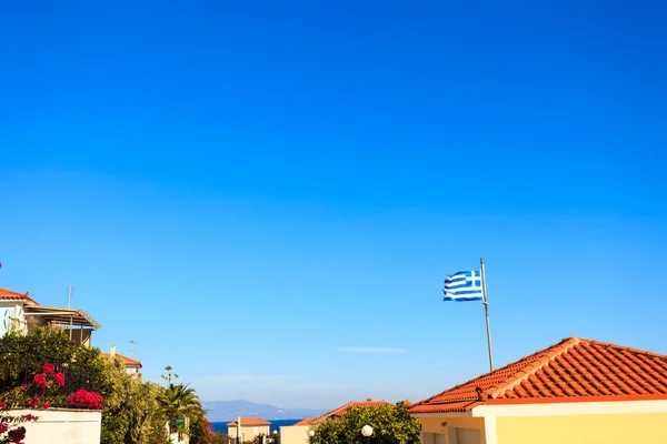 Bandeira Grega Azul Branca Acenando Vento Cidade Conceito Referência Nacional — Fotografia de Stock
