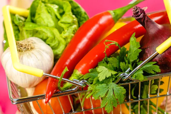 Winkelwagen Met Veel Kleurrijke Groenten Gezond Eten Levensstijl Voedingsstoffen Vegetarisch — Stockfoto