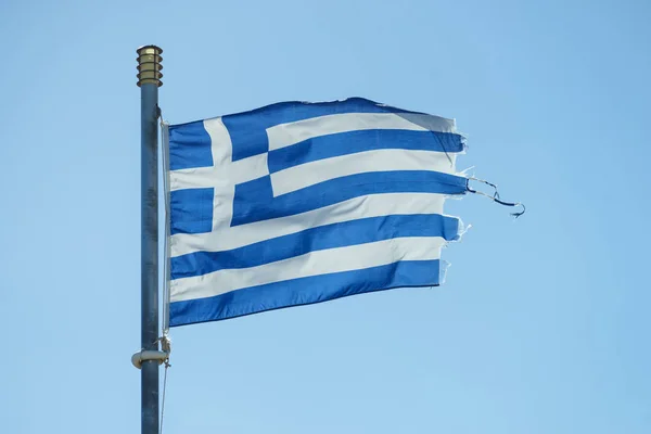 Close Blue Nad White Greek Flag Waving Wind National Landmark — Stock Photo, Image