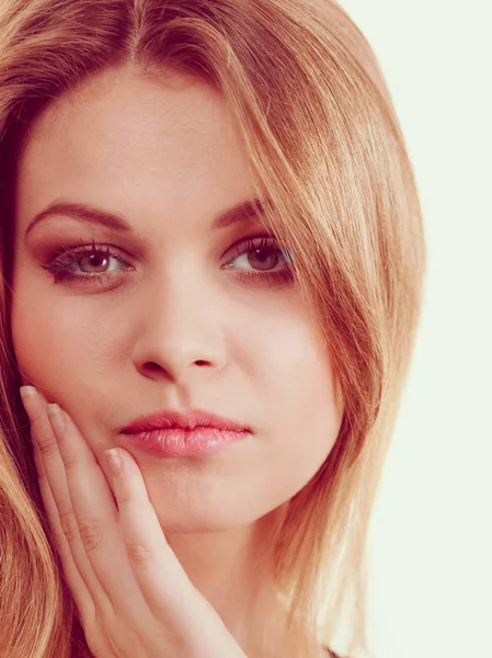 Close Portrait Young Woman Being Bored Female Showing Her Disapproval — Stock Photo, Image