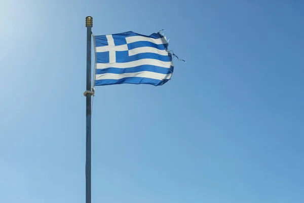 Zbliżenie Niebiesko Białej Greckiej Flagi Wietrze Krajowa Koncepcja Zabytków — Zdjęcie stockowe
