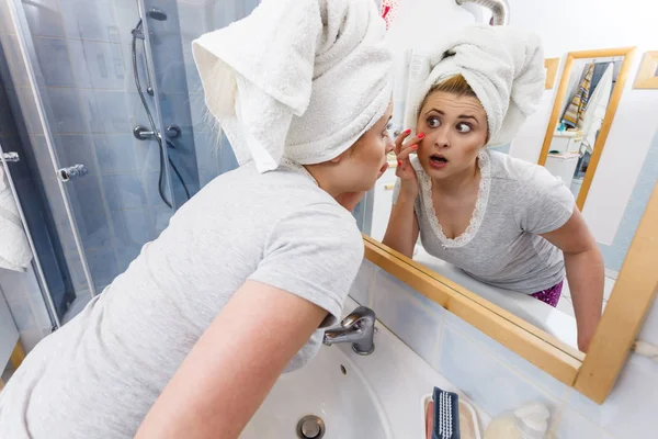 Worried Shocked Woman Looking Her Reflection Mirror Thinking Her Complexes — Stock Photo, Image