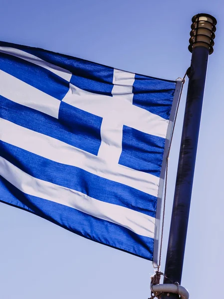 Close Blue Nad White Greek Flag Waving Wind National Landmark — Stock Photo, Image