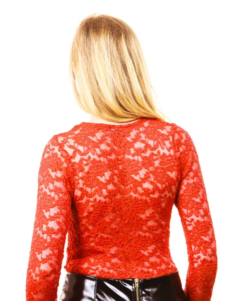 Kırmızı Dantelli Bluz Giyen Zarif Bir Genç Kadın Kadın Sunumu — Stok fotoğraf