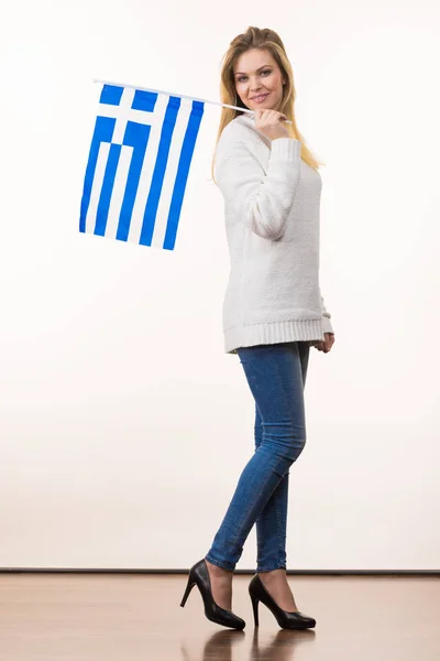 Happy Funny Woman Holding Greece Greek National Flag Being Patriotic — Stock Photo, Image