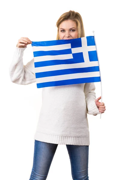 Heureuse Femme Drôle Tenant Grèce Drapeau National Grec Étant Patriotique — Photo