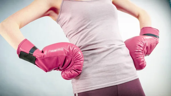 Unrecognizable Sporty Woman Wearing Red Boxing Gloves Studio Shot Dark — Stock Photo, Image