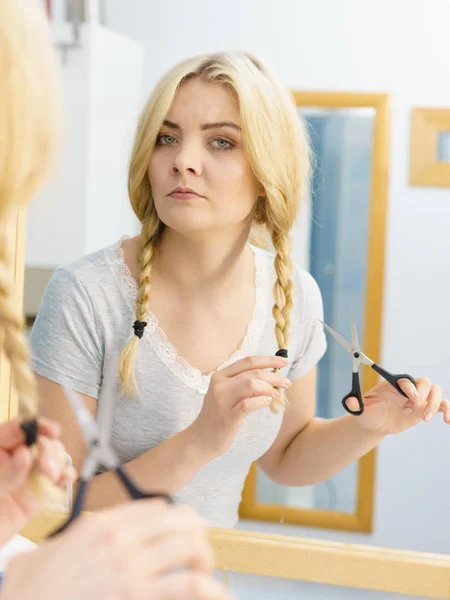 Woman Deciding Cut Her Long Blonde Hair Tied Braid Hairstyle — Stock Photo, Image