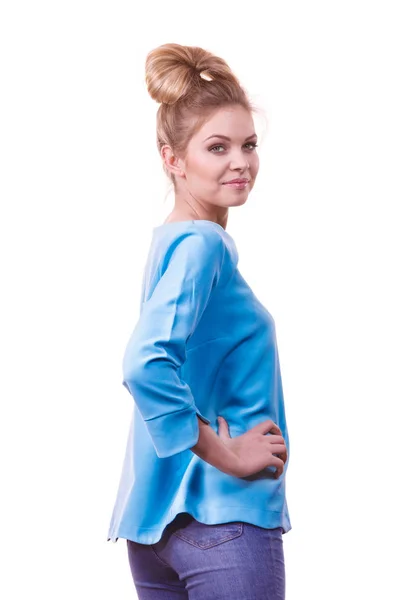 Adult Woman Presenting Her Casual Beautiful Outfit Long Sleeved Blue — Stock Photo, Image