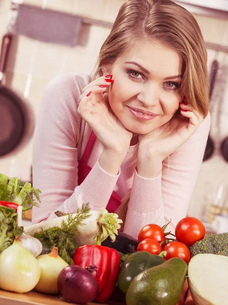 Funny Joyful Young Woman Cooking Chef Having Many Healthy Vegetables — Stock Photo, Image