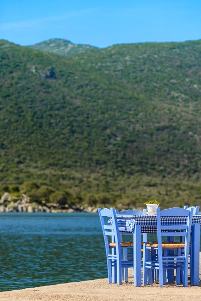 Seaside Blauen Tisch Und Stühle Öffnen Café Außenrestaurant Griechenland Der — Stockfoto