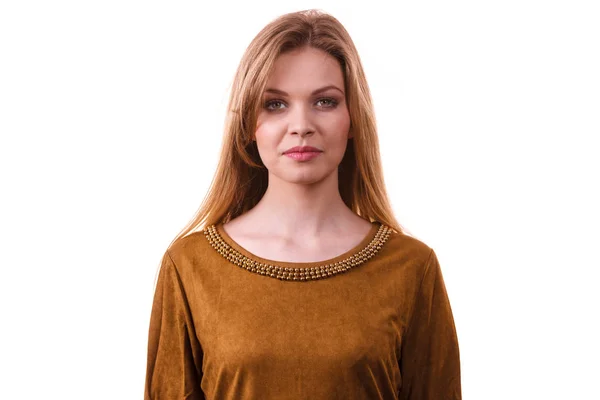 Young Blonde Fashionable Pretty Woman Wearing Brown Top Female Being — Stock Photo, Image