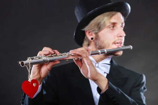 Valentines Day Love Melody Concept Flute Music Playing Male Flutist — Stock Photo, Image