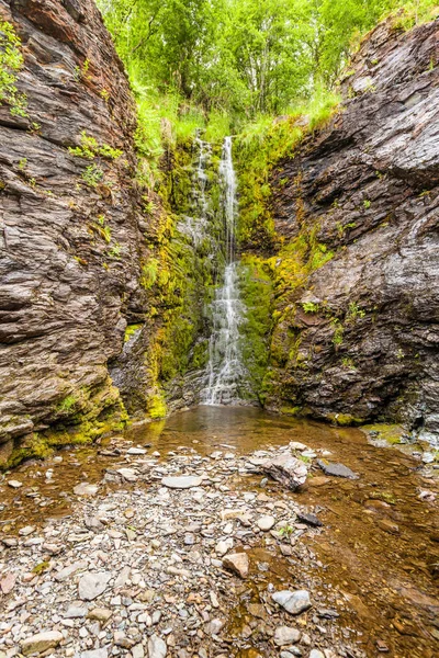 緑の夏の山 ノルウェーの小さな滝 — ストック写真