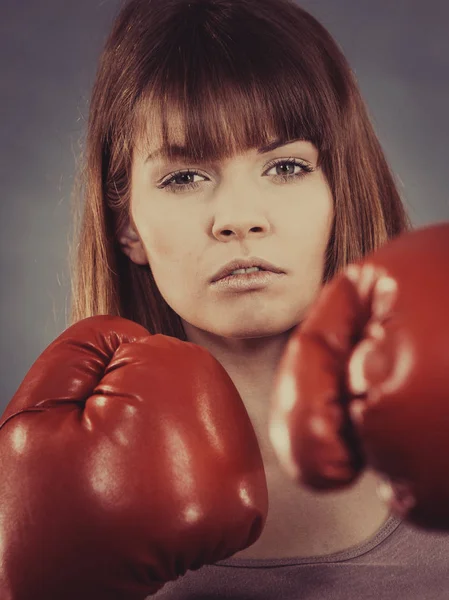 Sporty Woman Wearing Red Boxing Gloves Fighting Studio Shot Grey — Stock Photo, Image