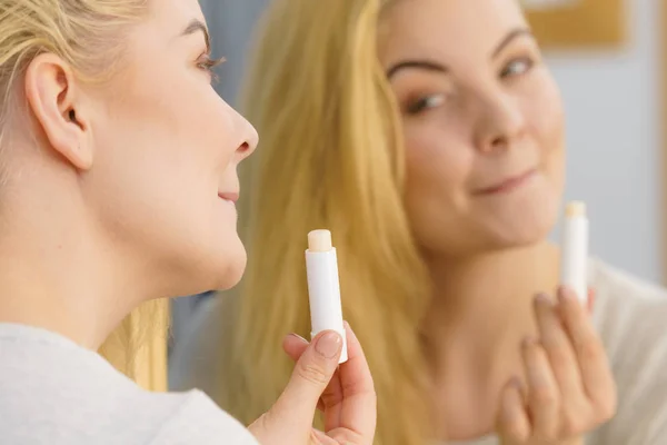 Blonde Woman Bathroom Putting Applying Lip Balm Moisturizing Balsam Taking — Stock Photo, Image