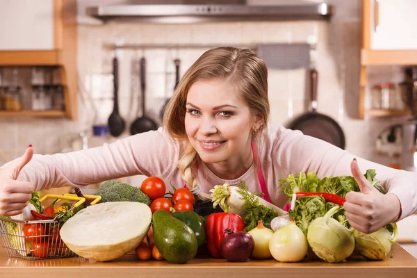 Funny Joyful Young Woman Cooking Chef Having Many Healthy Vegetables Stock Picture