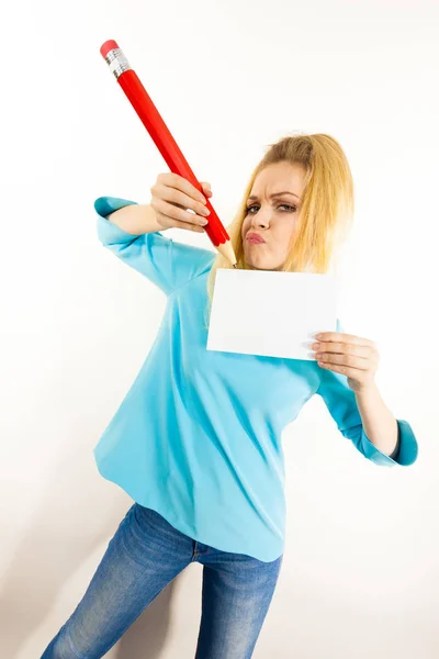 Teenage Thinking Woman Writing Some Notes Piece Paper Using Big — Stock Photo, Image