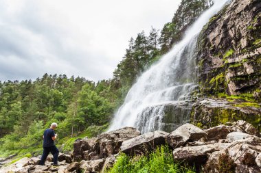 Erkek turist Svandalsfossen Norveç, Norveç dağlarında güçlü Şelale'de. Ulusal Turizm Ryfylke yol.