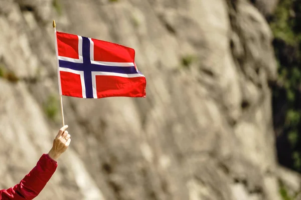 Norveç Bayrağı Kayalık Taş Dağları Arka Planda Tutan Turistik — Stok fotoğraf