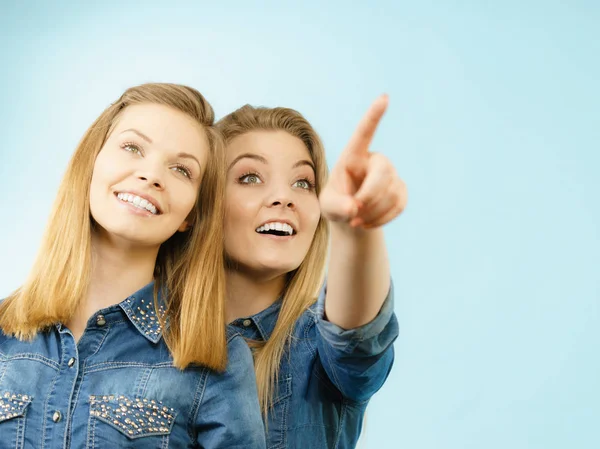 Friendship, human relations concept. Two happy women friends or sisters wearing jeans shirts pointing somewhere.