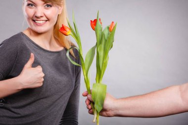 Toplantı ve tarihi kavramı. Kırmızı lale buketi alma tarihi kız. Erkek el palm Lale hediye kızına hediyesi vermek.
