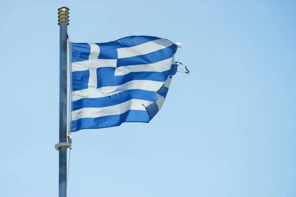 Close Blue Nad White Greek Flag Waving Wind National Landmark — Stock Photo, Image