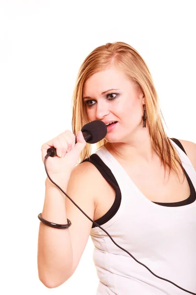 Karaoke Música Concepto Cantante Mujer Rubia Cantando Micrófono Actuación Estrella —  Fotos de Stock