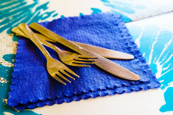 Detallado Primer Plano Dos Cuchillos Tenedores Restaurante Descansando Sobre Pañuelo — Foto de Stock