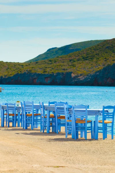 Seaside Blauen Tisch Und Stühle Öffnen Café Außenrestaurant Griechenland Der — Stockfoto