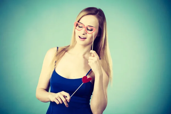 Woman Holding Carnival Accessoies Stick Having Fun Studio Shot Blue — Stock Photo, Image