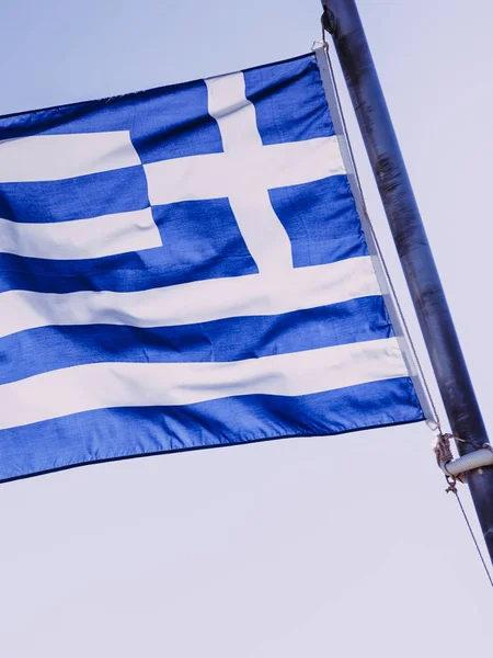 Close Blue Nad White Greek Flag Waving Wind National Landmark — Stock Photo, Image