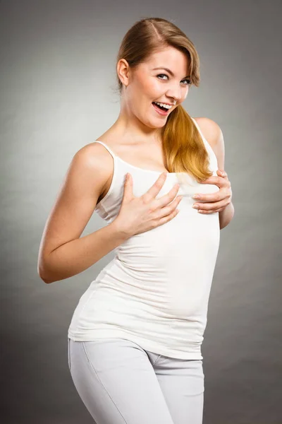 Health Care Bosom Concept Young Happy Joyful Woman Wearing Tshirt — Stock Photo, Image