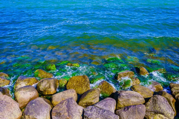 海または海の青い水の中の岩の石の近くを詳しく説明します 自然の詳細コンセプト — ストック写真