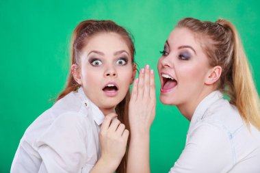 Genç bir kadın arkadaşına bazı sırlar anlatıyor, iki kadın dedikodu yapıyor. Heyecanlı duygusal kız insan kulağına fısıldıyor